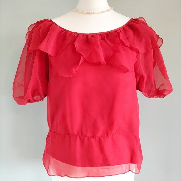 Vintage 90s Red Chiffon Peasant Top - Picture 6 of 6